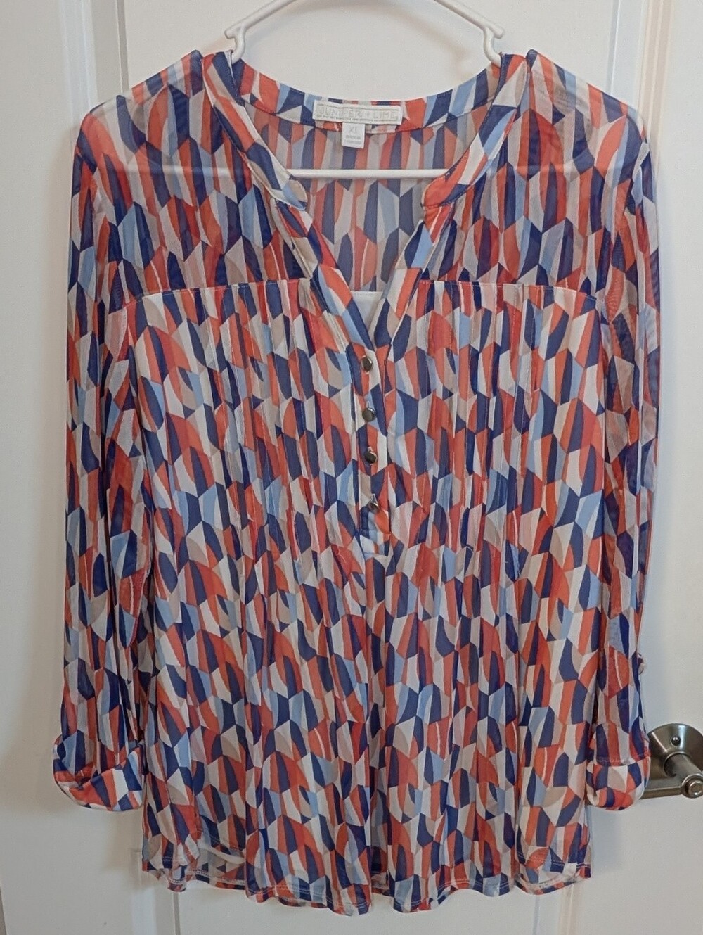 Abstract Geometric Button-Front Blouse in Blue and Red